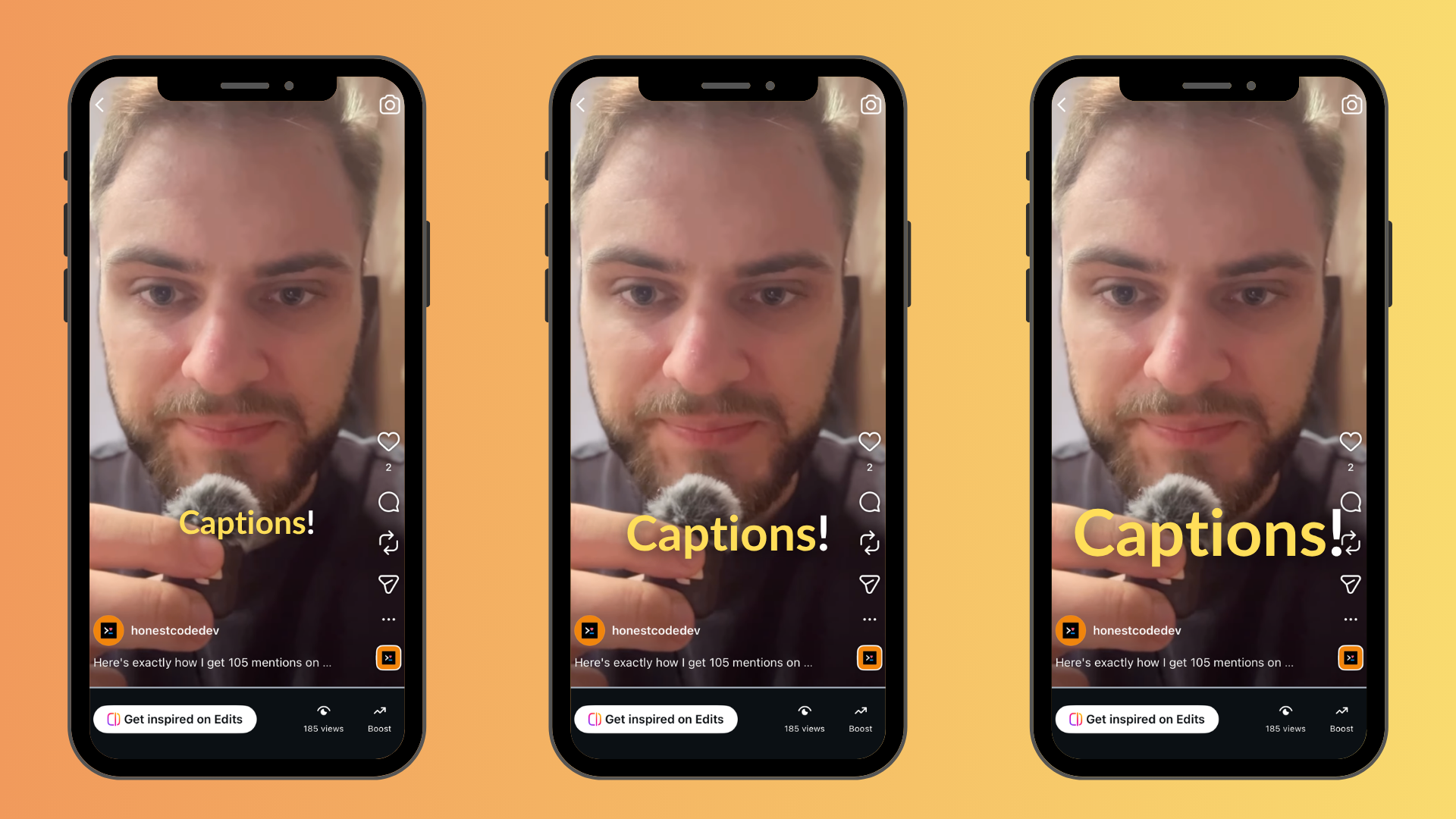 Instagram Reels caption size comparison — 48px vs 65px vs 80px at 1080×1920 showing readability differences