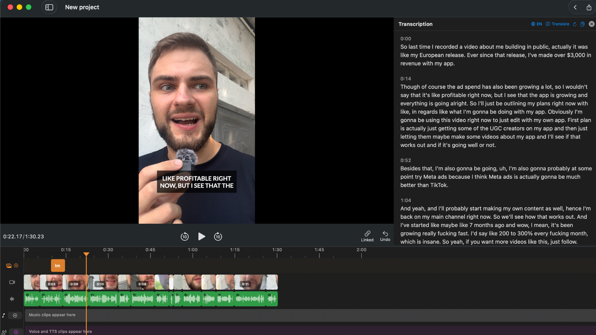 BlitzCut for Mac main editing interface - transcript panel and video preview side by side