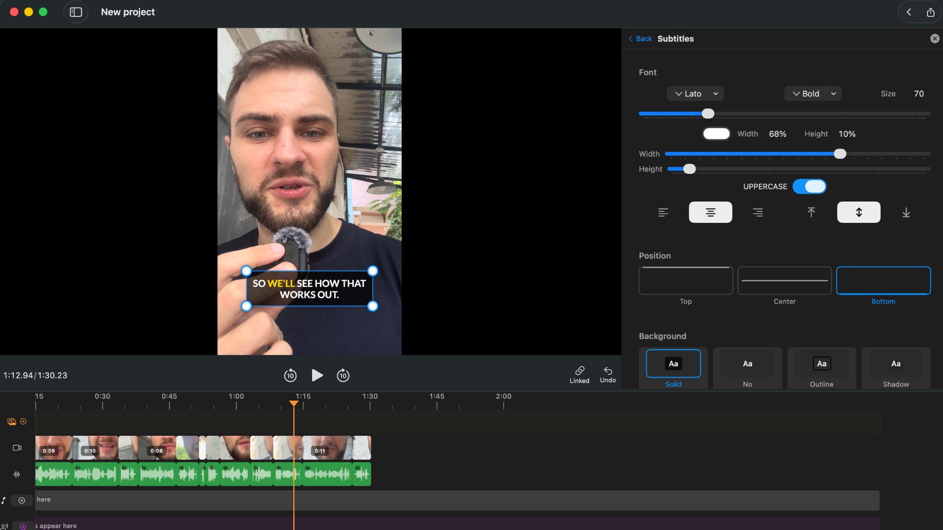 Karaoke-style captions in BlitzCut for Mac - word-by-word highlight active