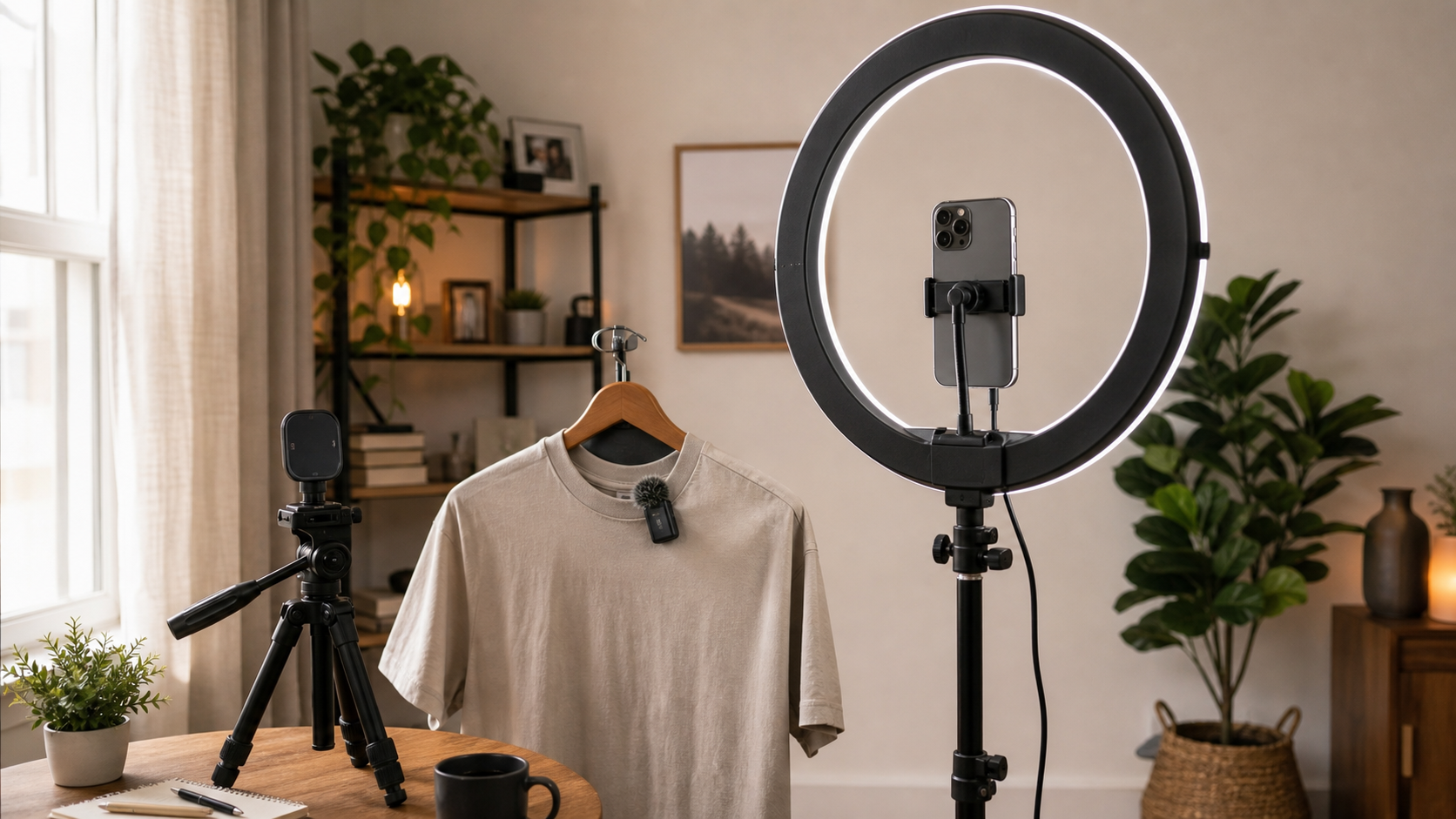 Solid TikTok home studio setup — NEEWER ring light, DJI mic, full tripod