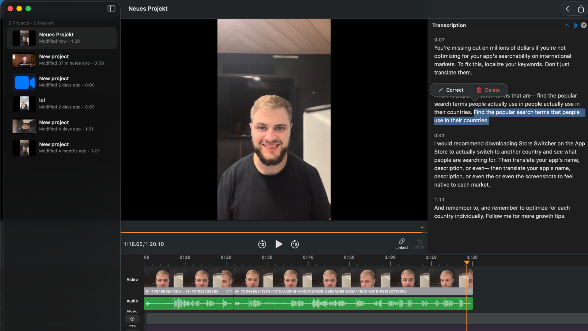 BlitzCut transcript editing — word selected for deletion with keyboard controls