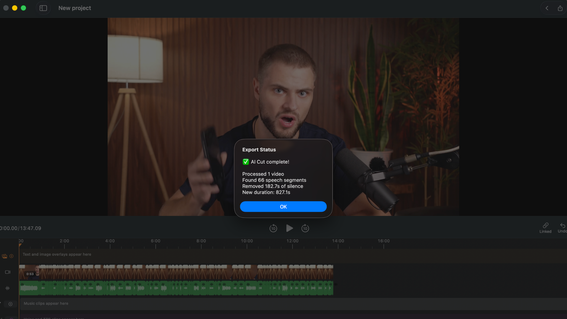 BlitzCut waveform after on-device silence removal — cut points marked in the audio