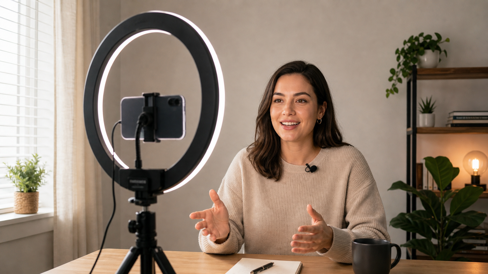 Talking head video lighting setup — ring light facing the camera, clean background, phone on tripod