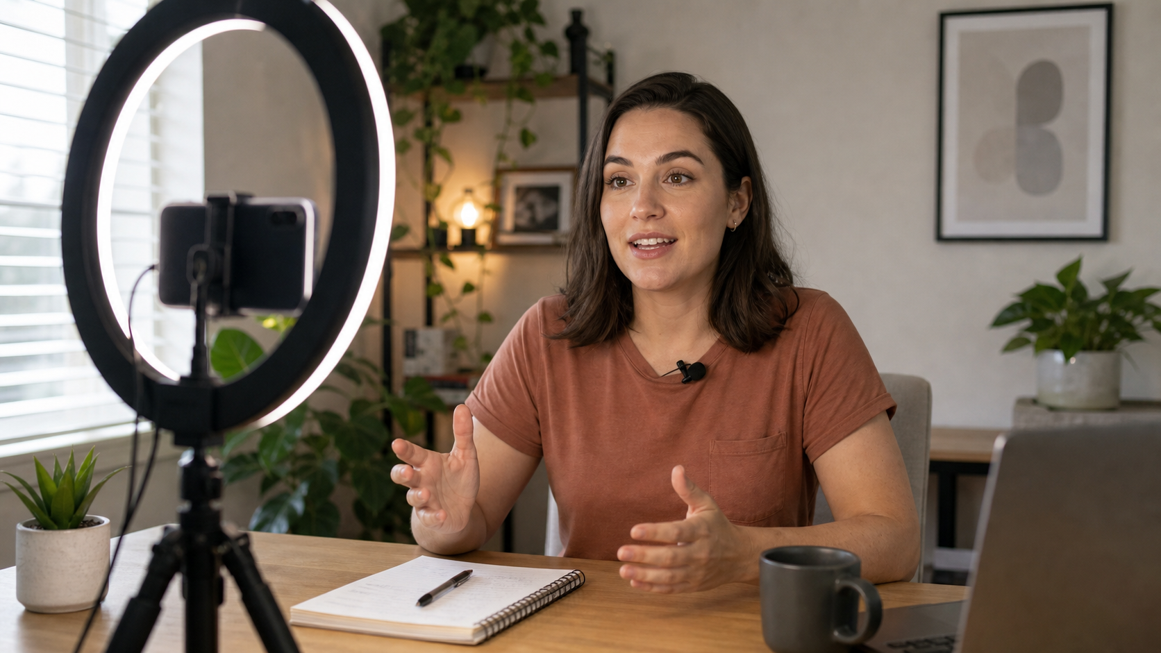 Talking head video creator filming at a desk with good lighting — the starting point for a fast editing workflow
