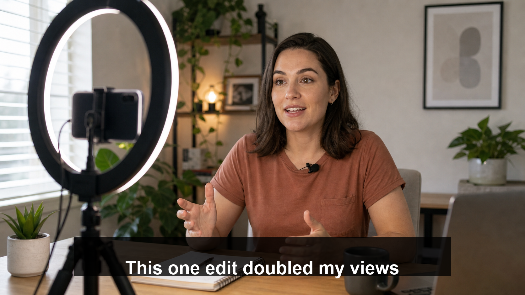 Talking head first frame setup — ring light, clean background, creator at eye level with text overlay