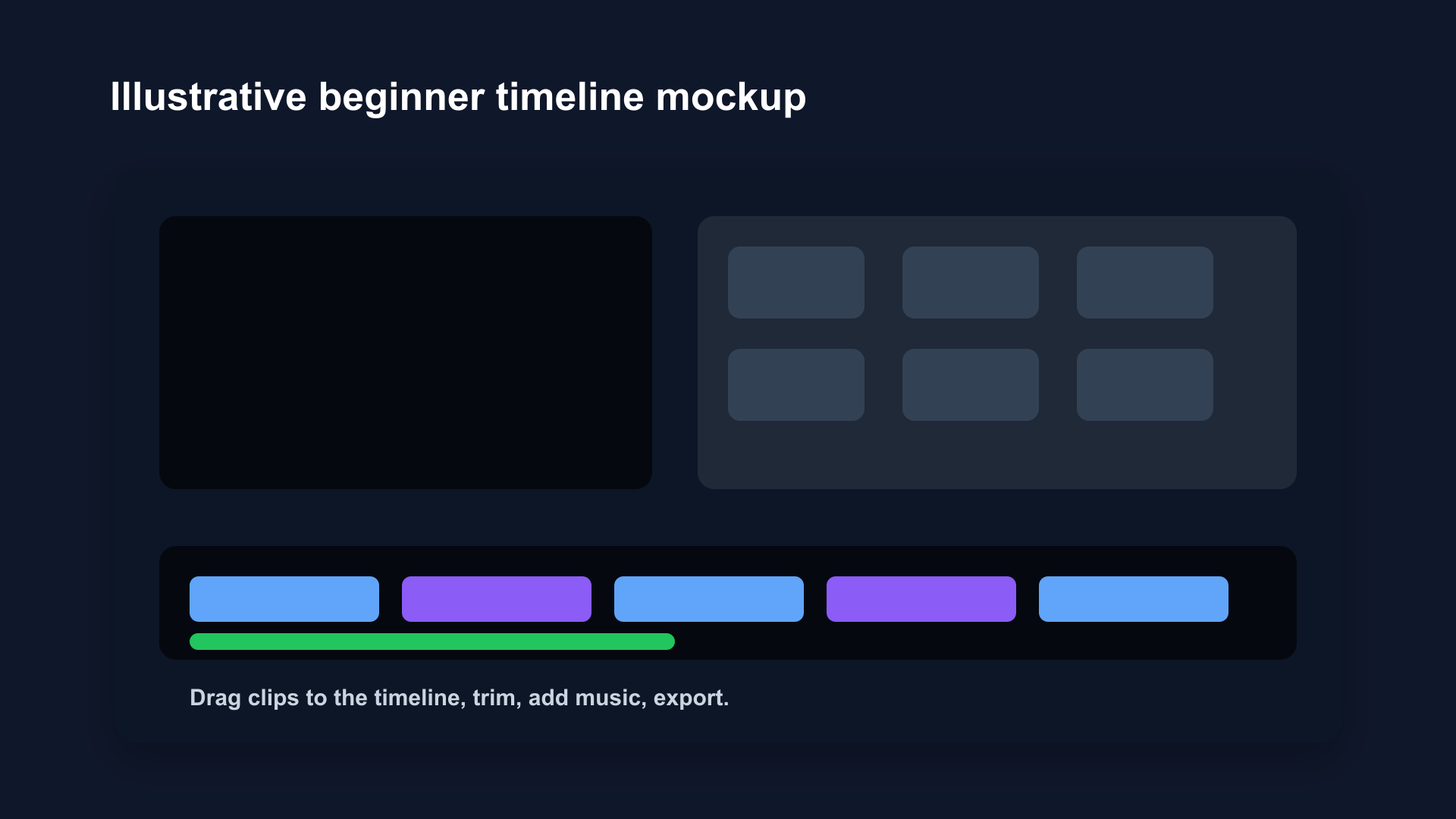 Illustrative beginner Mac timeline editor mockup — drag and drop clips, trim, add music, export