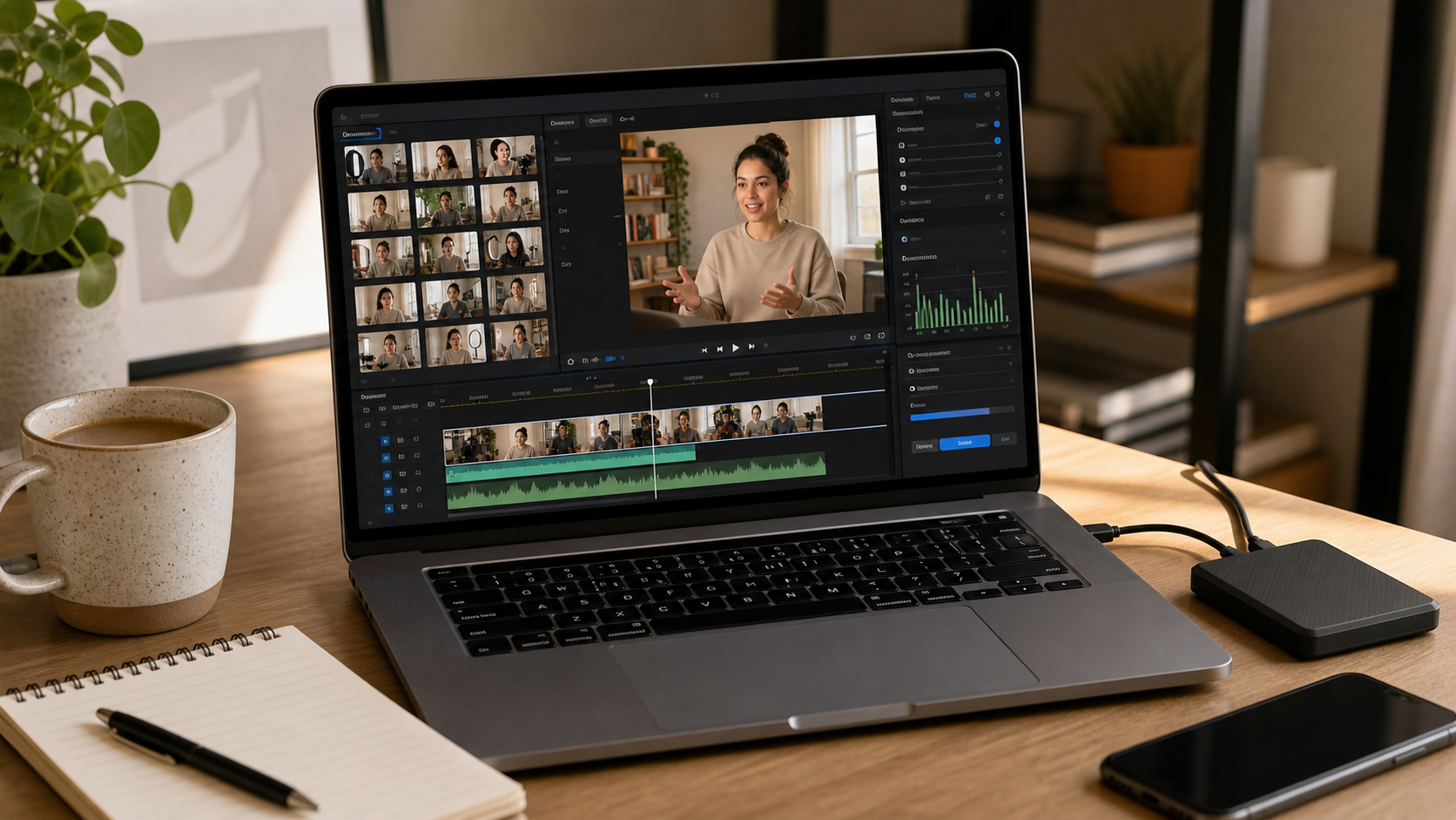 MacBook on desk with video editing app open — starting point for Mac video editing beginners