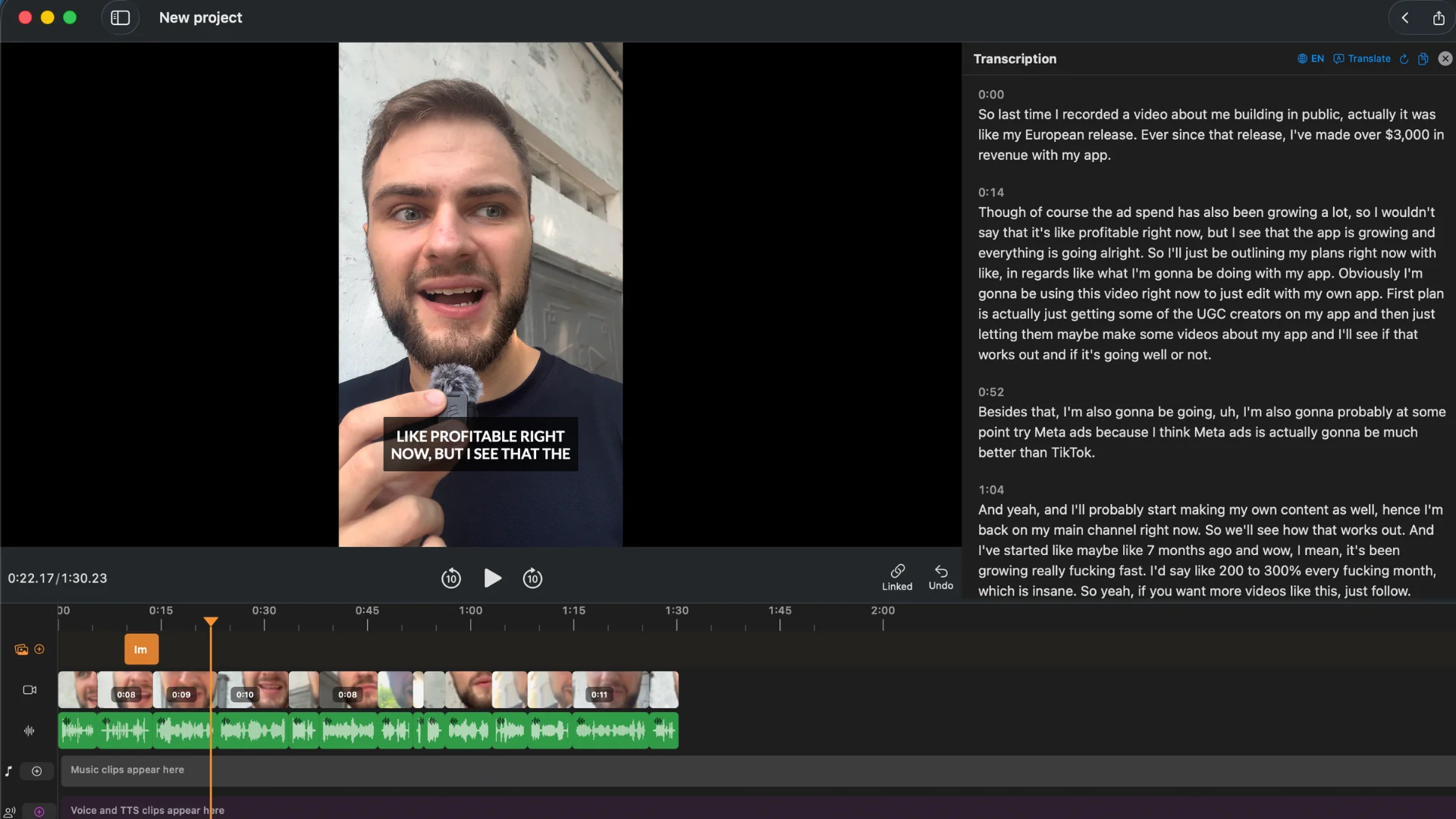BlitzCut on Mac — text-based video editing interface