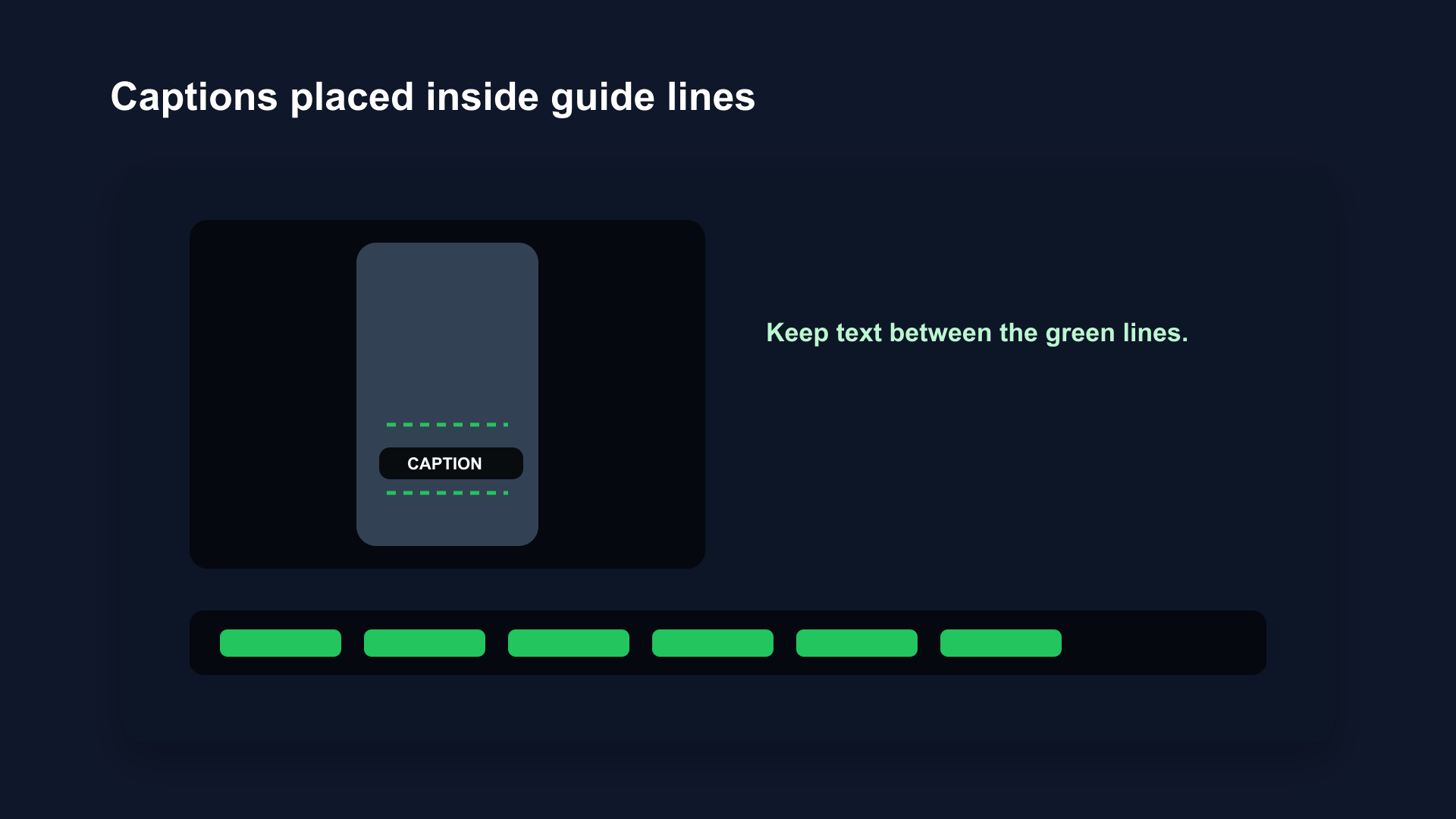 Illustrative timeline editor mockup showing a talking-head video with safe zone guide lines and captions positioned inside the safe area