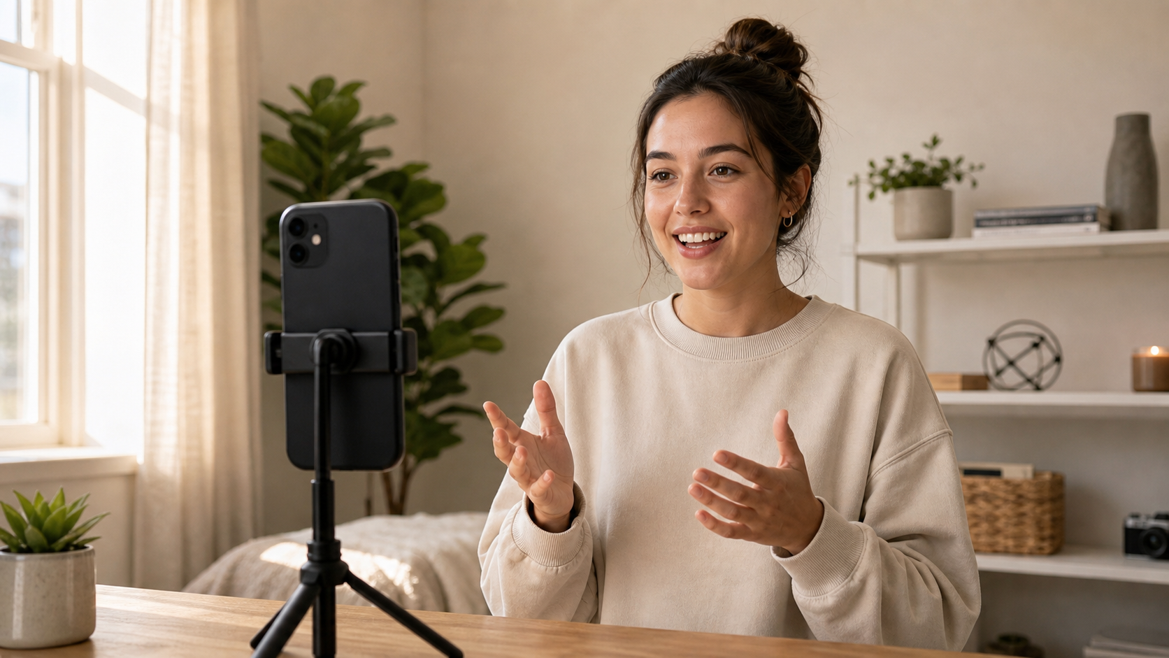 Minimal daily posting filming setup on a desk: phone on tripod, ring light, clean background — assembled in under 2 minutes