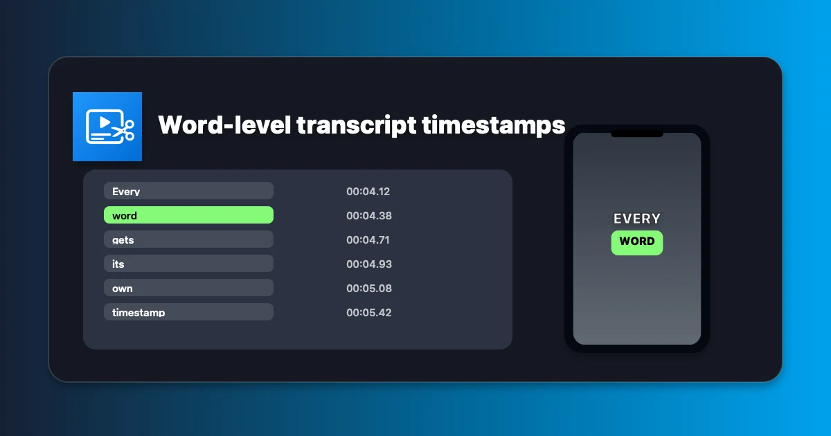 BlitzCut transcript panel on Mac showing each word with its individual timestamp — the source data for word-level karaoke caption timing